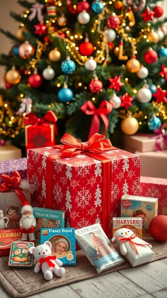 A festive Christmas gift box with decorations, showcasing various gift ideas for girls.